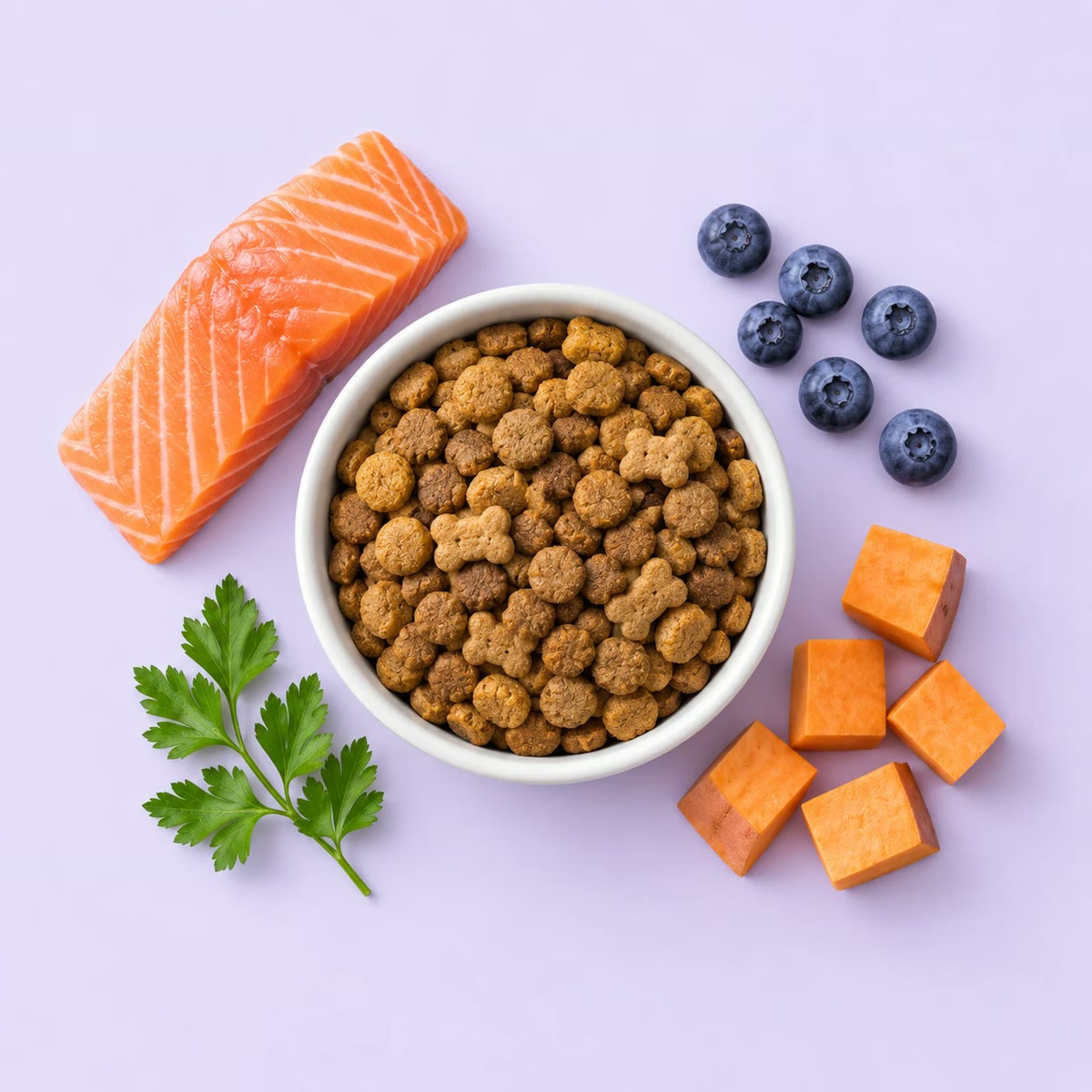Bowl of natural dog kibble with fresh salmon, blueberries, sweet potato and parsley