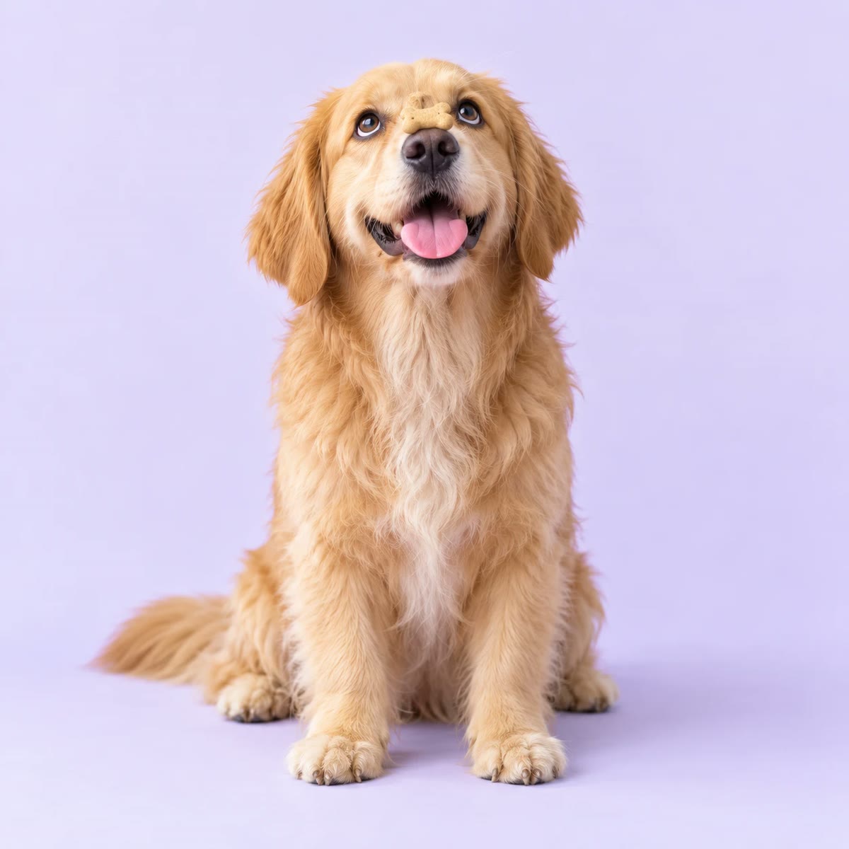 Happy golden retriever balancing a biscuit on its nose