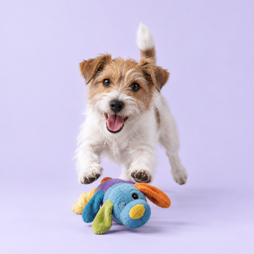 Jack Russell terrier pouncing on a colorful plush dog toy