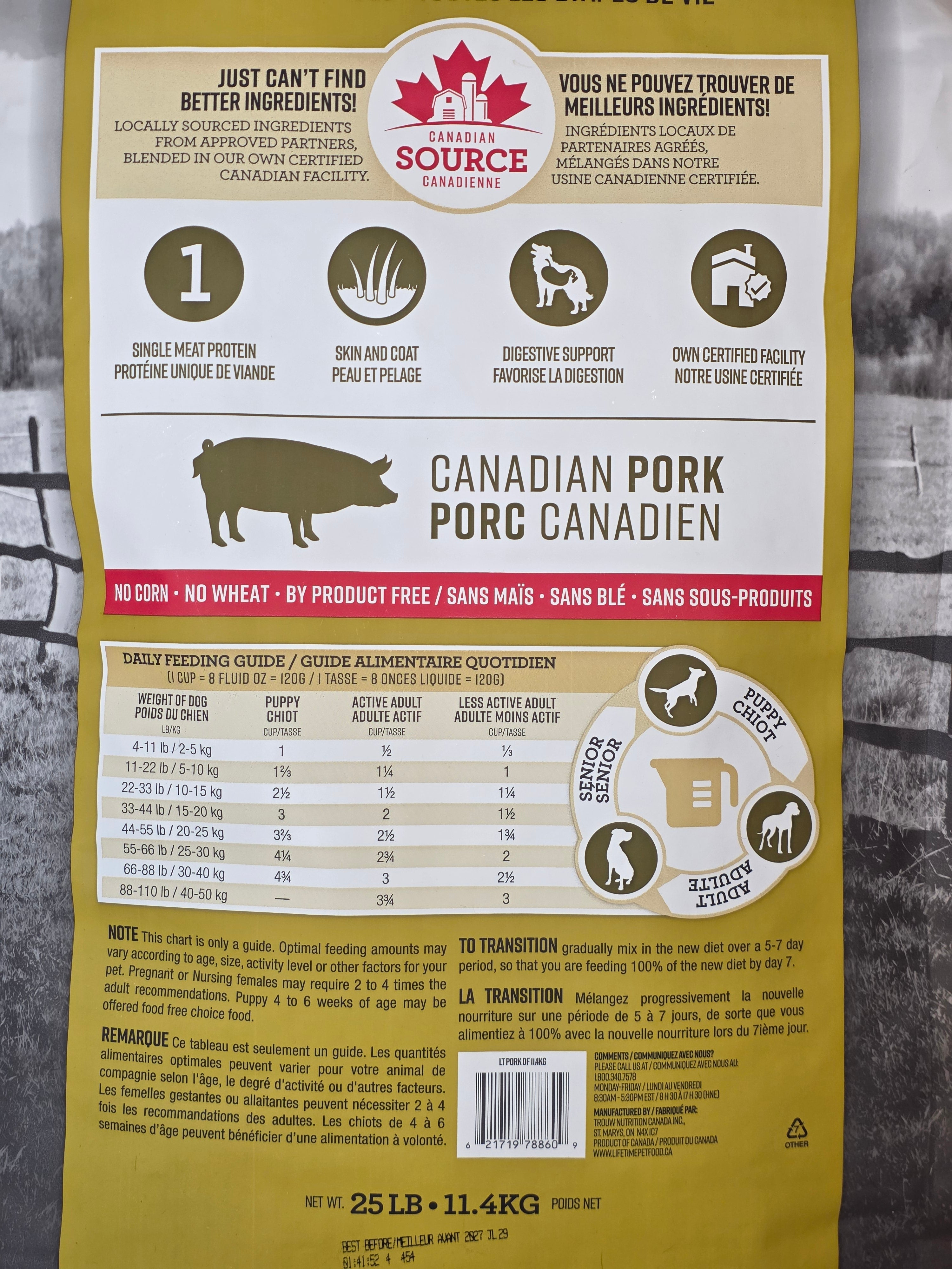 Lifetime Dog Food, Large Breed, All Life Stages, Pork Meal & Oatmeal Recipe, 25lb