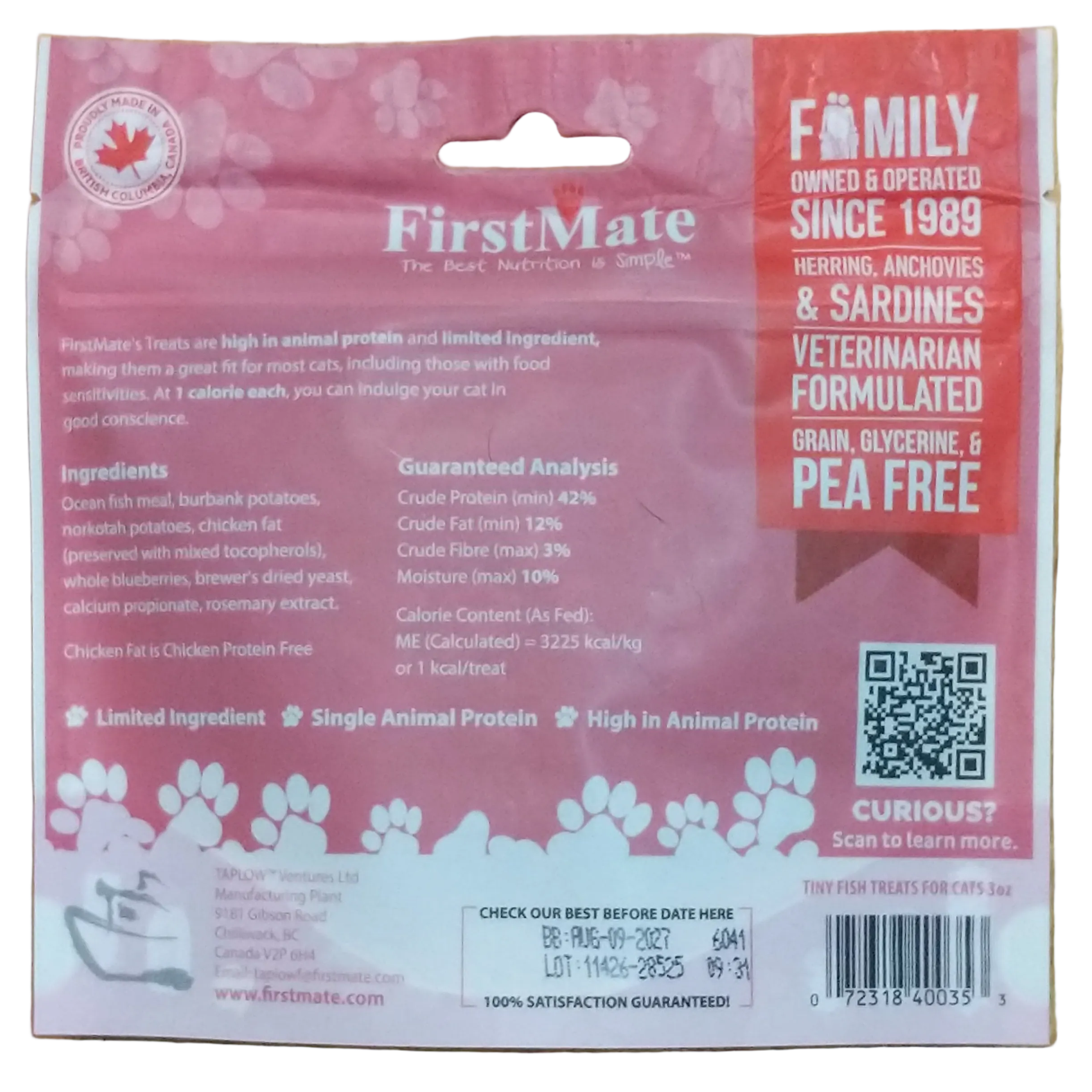 FirstMate Grain Free, Tiny Fish Meal Formula, Cat Treats, 85g