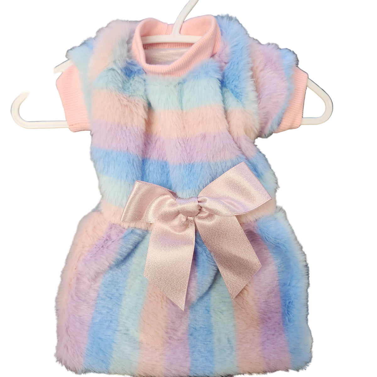 Fleece Rainbow Print Dress with Satin Bow