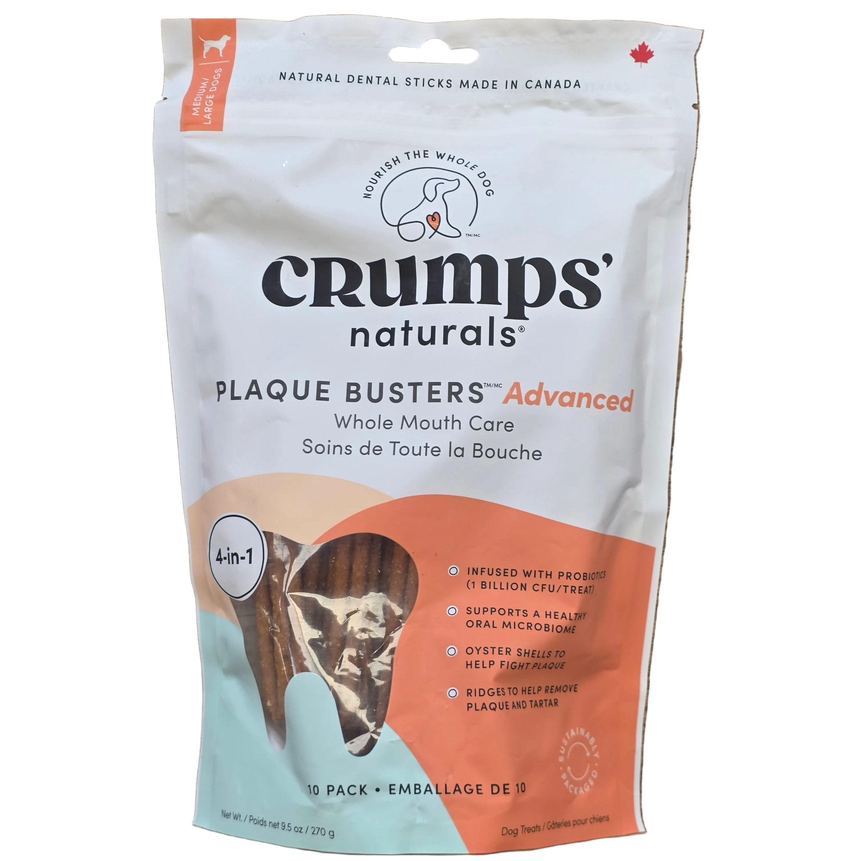 Crumps Naturals Plaque Busters Advanced, Whole Mouth Care, 4-in-1, Churro Sticks, Medium / Large Dogs, 10pk