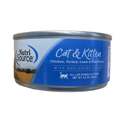 NutriSource Cat & Kitten Chicken, Turkey, Lamb & Fish Recipe, Wholesome Grains Canned Cat Food, 5.5oz