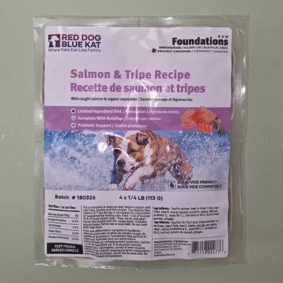 Red Dog Blue Kat Frozen Raw, Salmon & Tripe Recipe, 4 x 1/4 lb patties