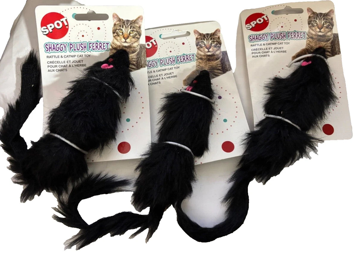 SPOT Rattle & Catnip Cat Toy, Shaggy Plush Ferret