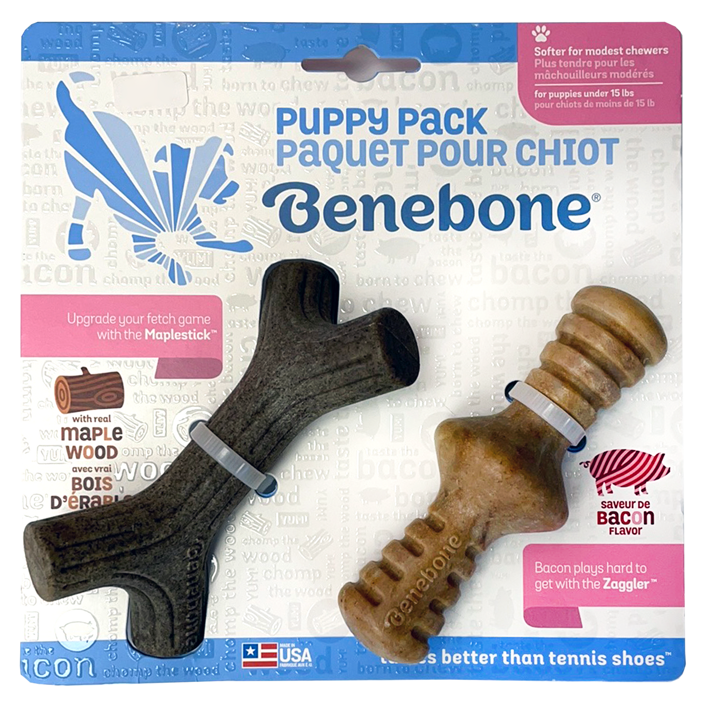 Benebone Flavored Puppy Chew Toys. Real Maple Wood & Bacon, 2 Pack