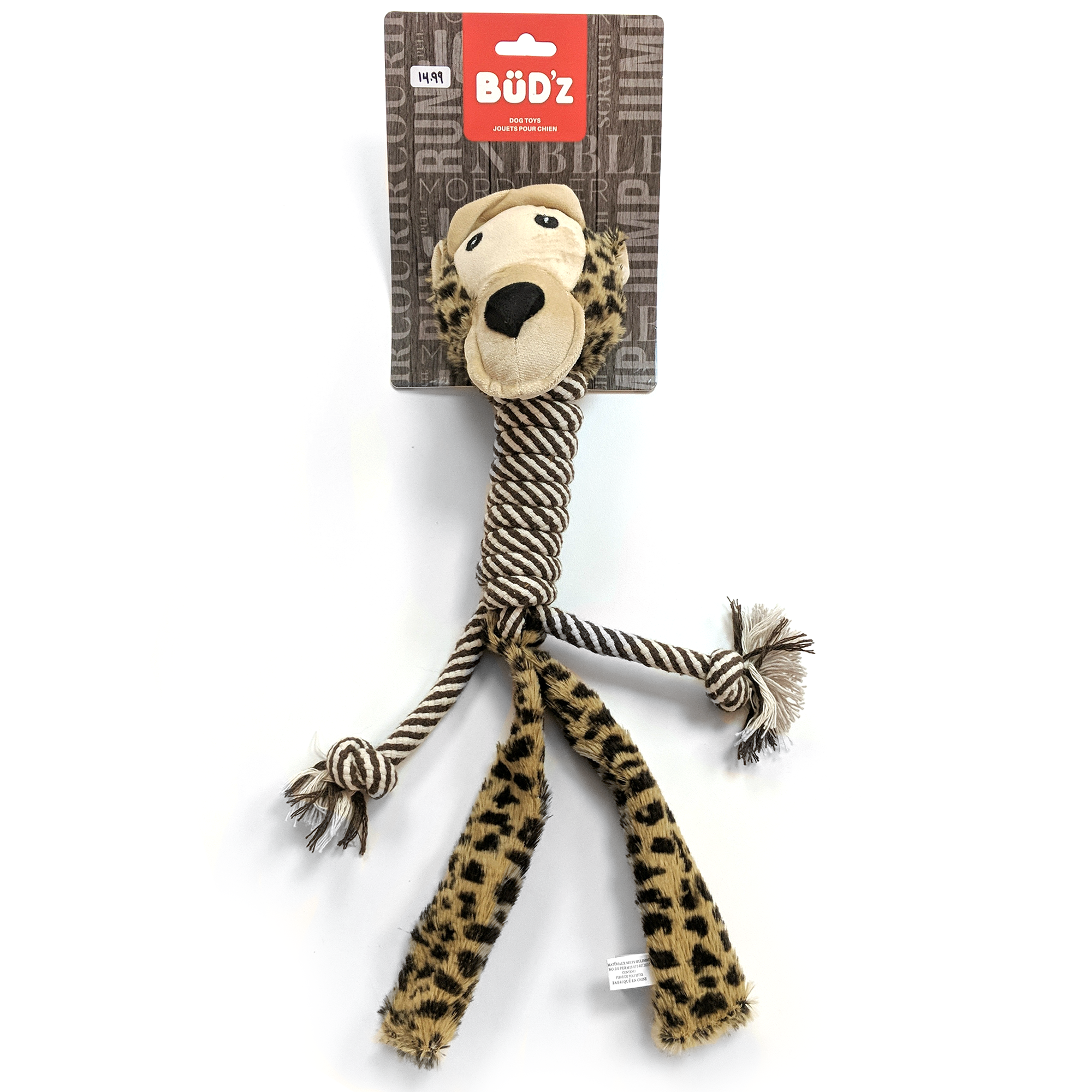 BüD’z Dog Toy, Plush with Cotton Long Neck, 15" Monkey