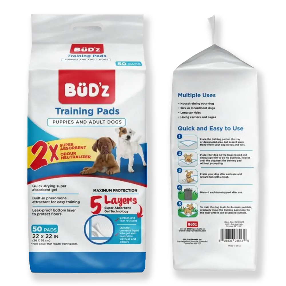 BüD'z Training Pee Pad, fps pour chiots et chiens adultes, 22"×22" (50 coussinets)