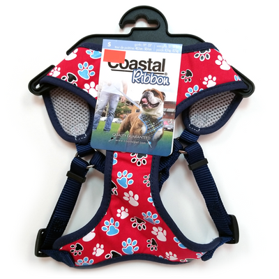 Coastal Ribbon Harness, Red with Paw Pattern (XXS, XS, S)