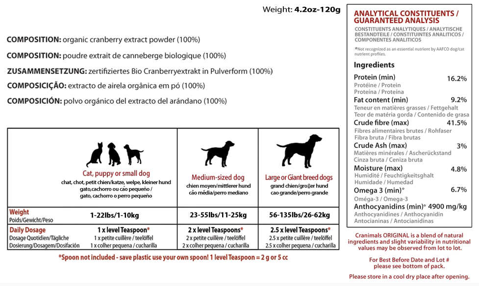 Cranimals Original Urinary Tract Supplement for Cat or Dog (120g)