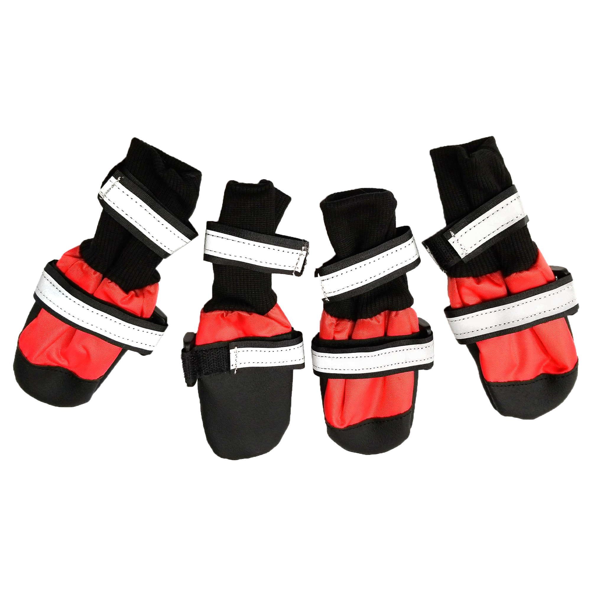 Lined Winter Dog Boots With Knitted Cuffs, Two Reflective Ties, Rubber Sole & Toe, Red/Black