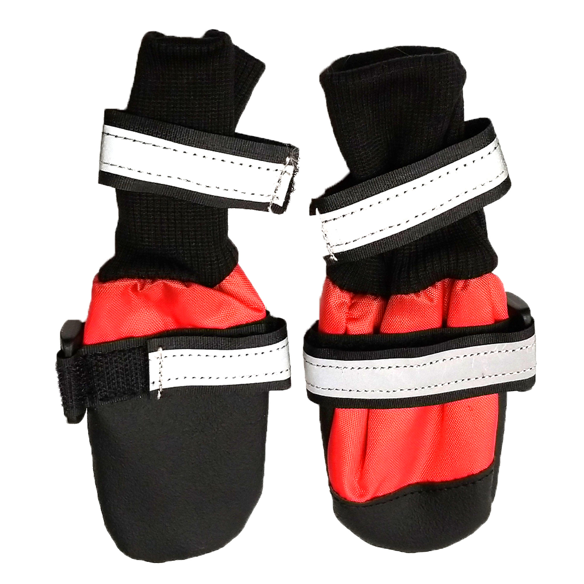 Lined Winter Dog Boots With Knitted Cuffs, Two Reflective Ties, Rubber Sole & Toe, Red/Black
