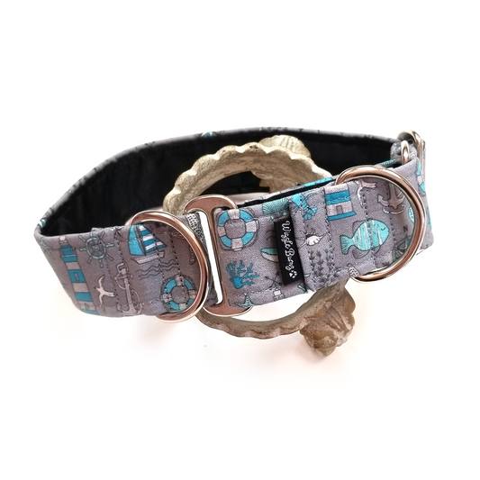 Wiggle Bumz "Marine Doodle" Martingale Dog Collar, 12"-18", Gray